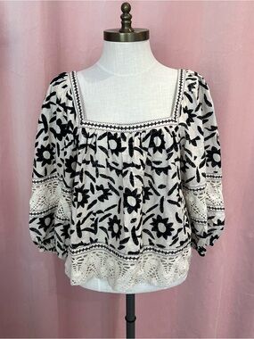 Christian Siriano Linen Blend Floral Top Size M Boho Lace Trim